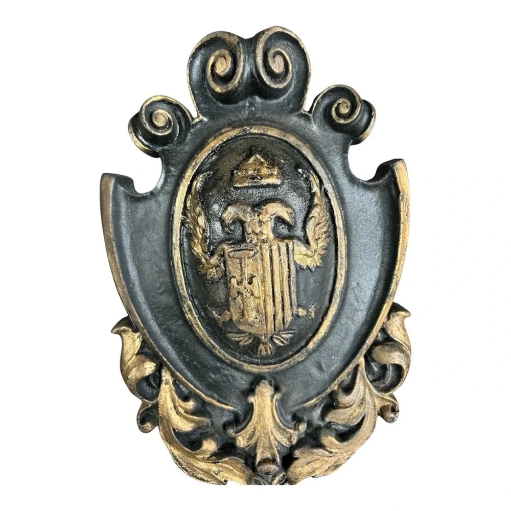 Pair Heraldic Wall Plaques Crown Shield Resin Composite Gothic Style Vintage